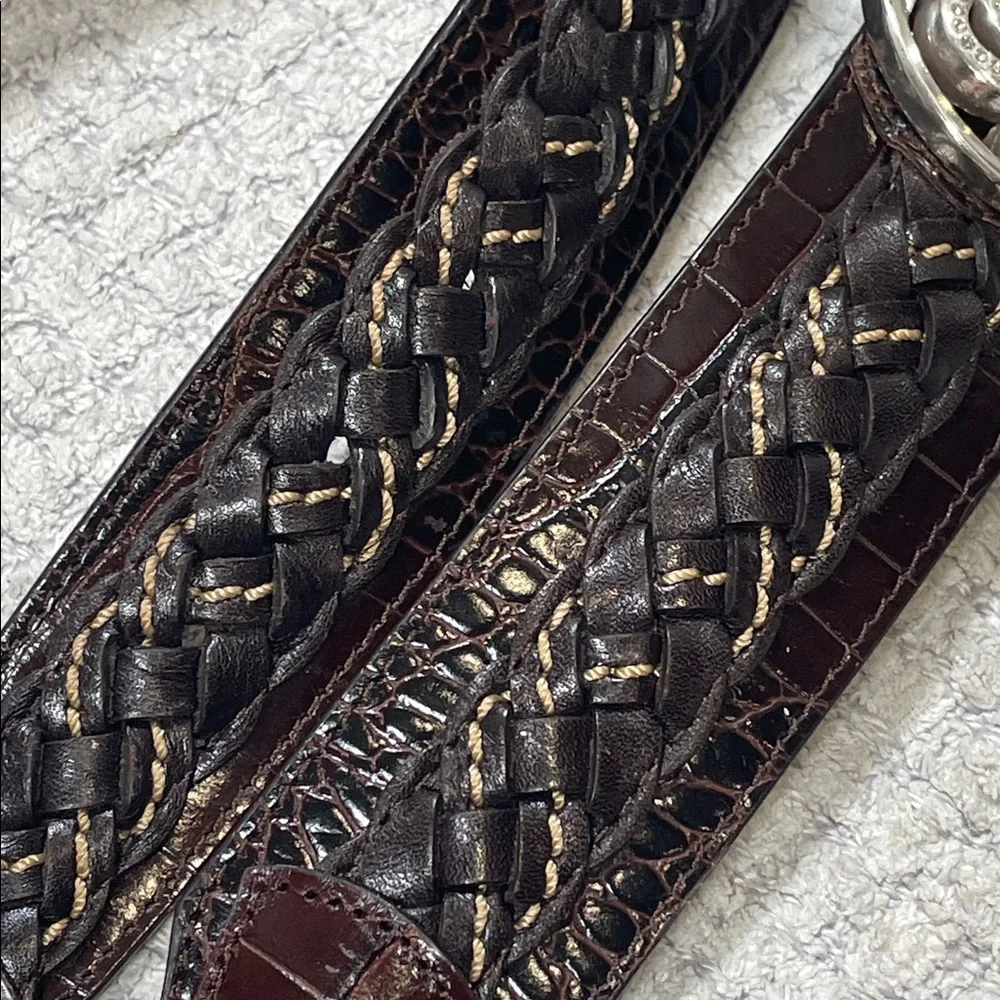 BRIGHTON Belt Brown Woven Croc Leather Concho Rhinestones Silvertone Size 36